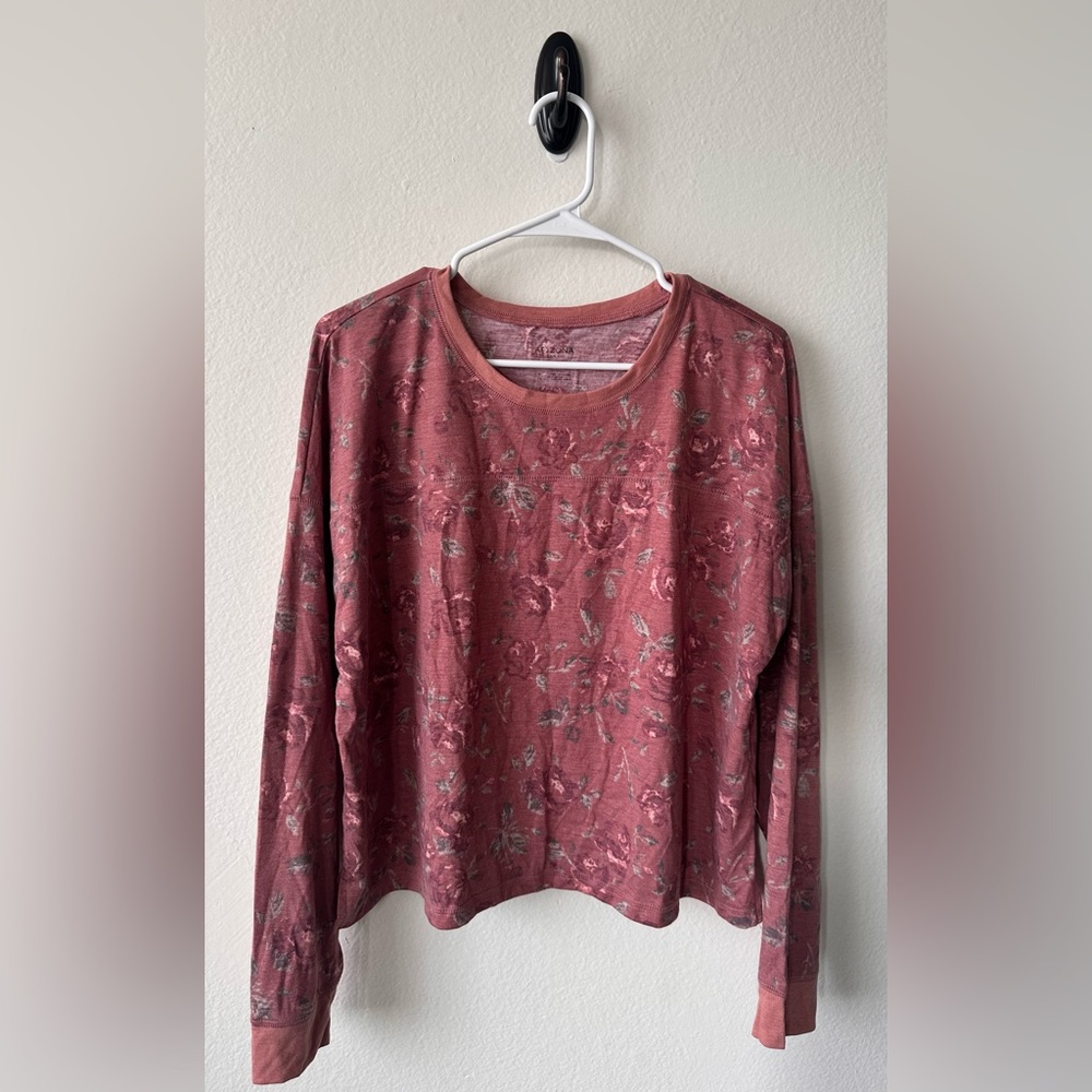 Pink Red Floral Print Long Sleeve Cropped T-Shirt